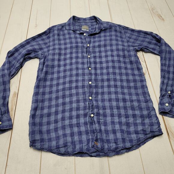 Thomas Dean 100% linen tailored fit long sleeve button down shirt plaid tall - Picture 1 of 8